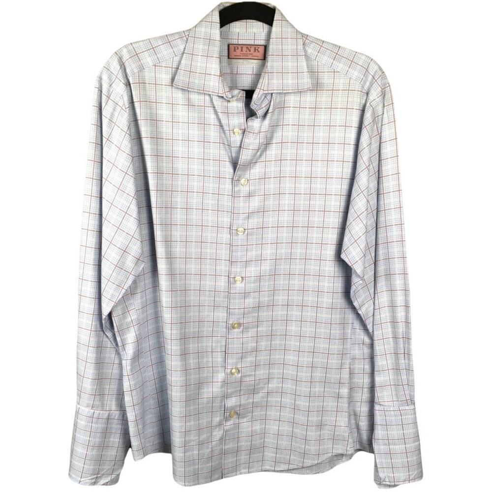 Thomas Pink Button Down Shirt French Cuff Plaid Long Sleeve 100% Cotton Men's 15